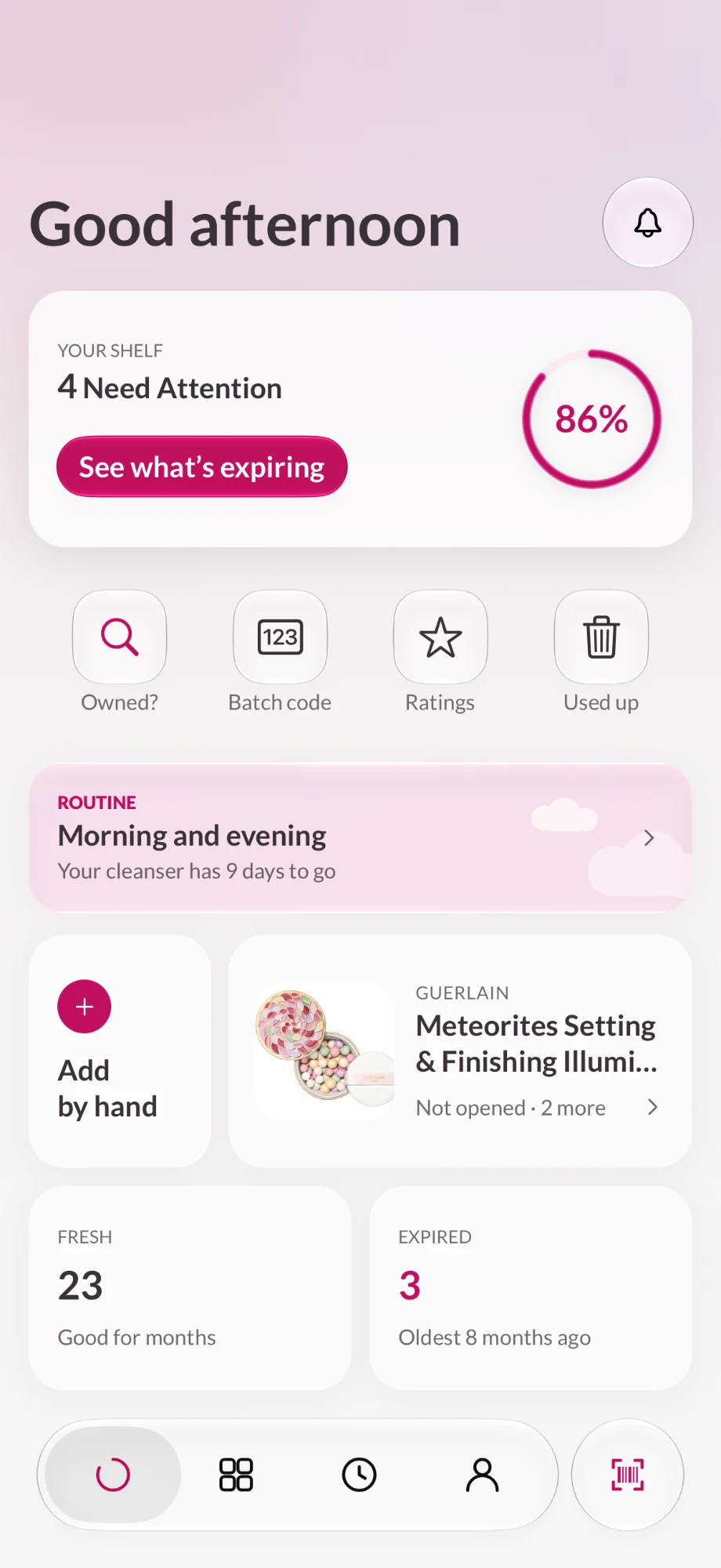 The Shelfie home screen: 4 products need attention and 86% of the shelf is still good, with quick actions, the routine card and fresh and expired counts