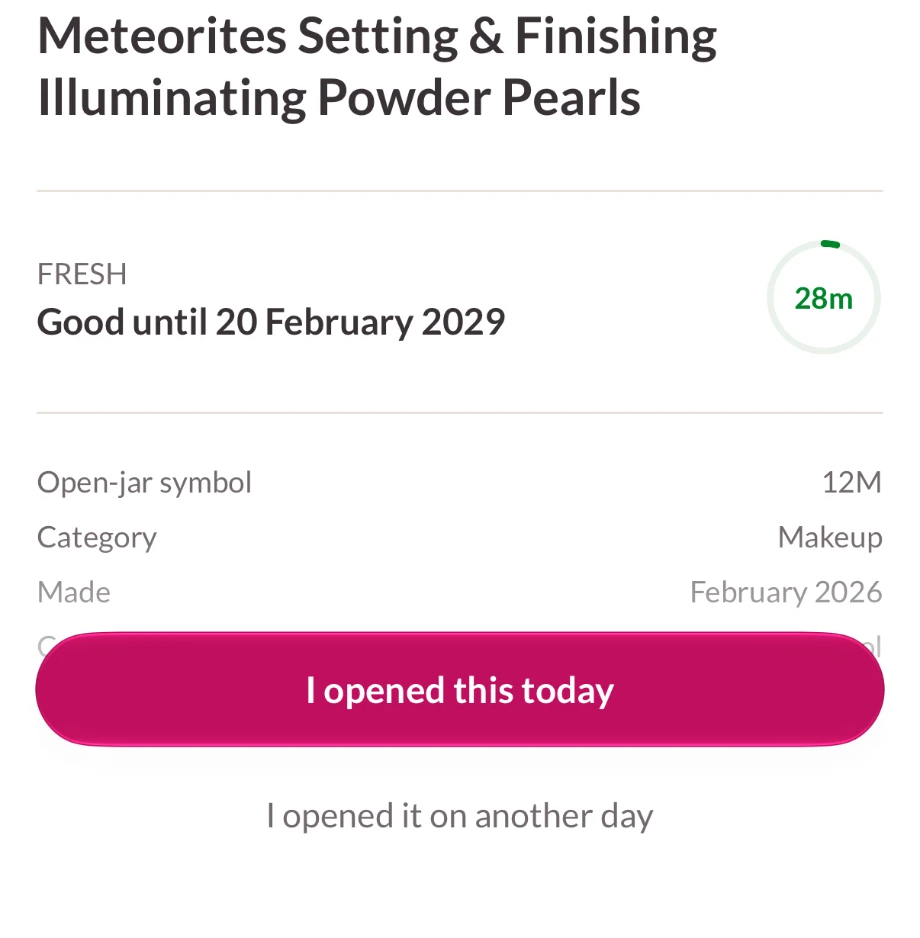 The lower half of a product page: Fresh, good until 20 February 2029, an open-jar symbol of 12M, and the I opened this today button