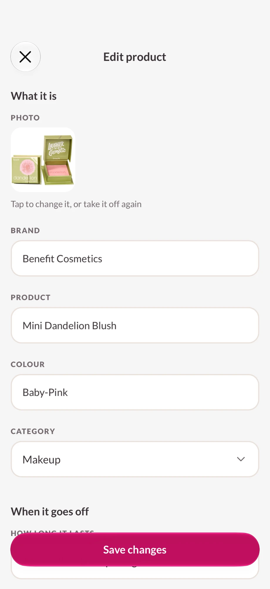 The Edit product form: a photo, then brand, product, colour and category fields, with a Save changes button