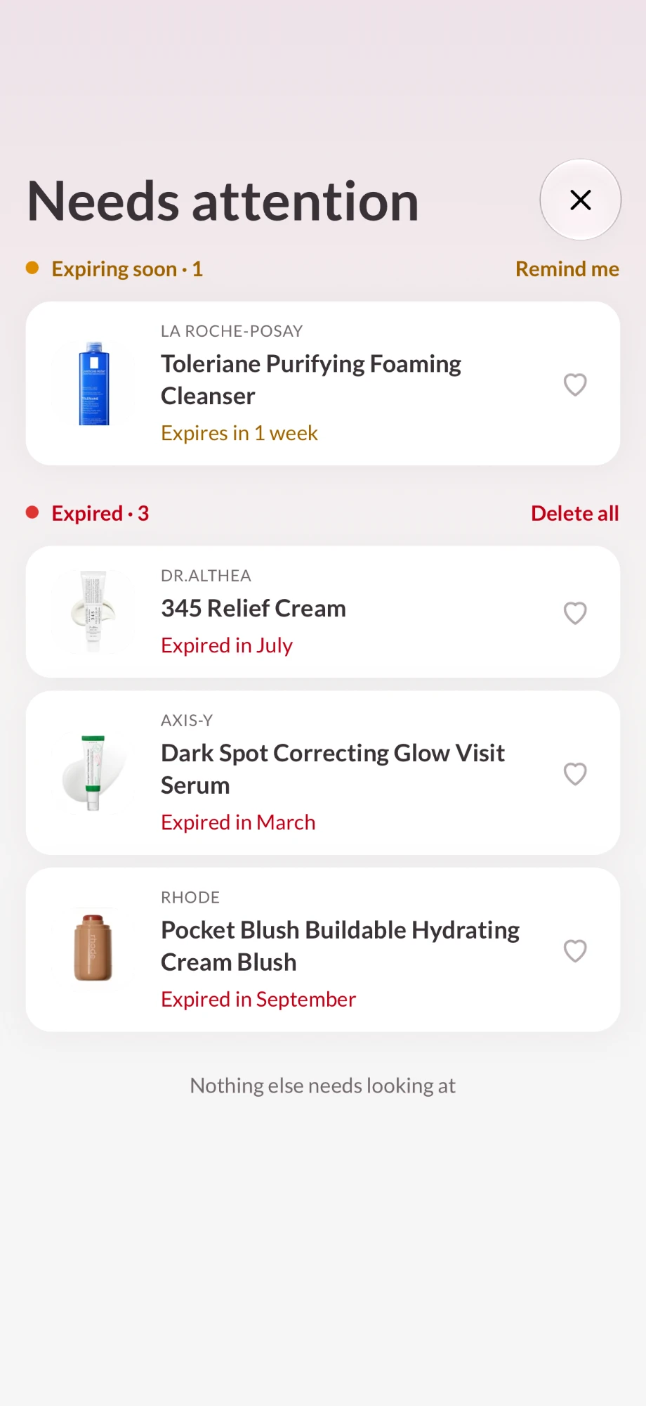 Needs attention: one product expiring soon and three expired, with Remind me and Delete all