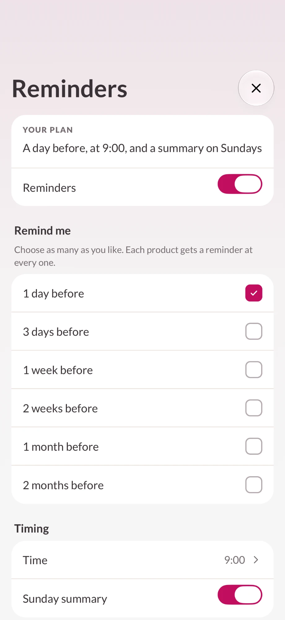 Reminder settings: a day before, at 9:00, with a summary on Sundays