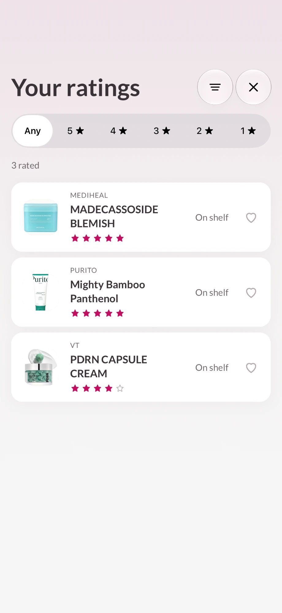 Your ratings: a star filter and three rated products, each on the shelf